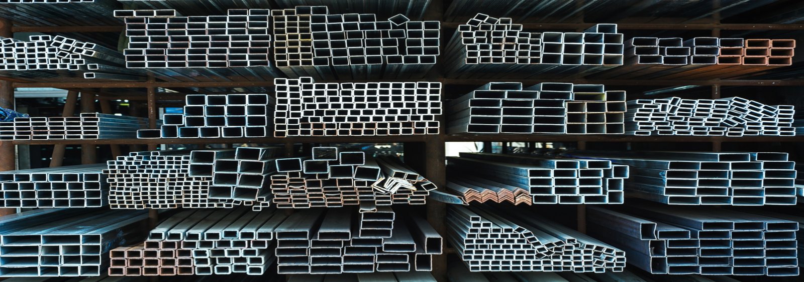 Racks of hollow sections, flats and angles in ready stock at the SV Steels Chennai yard